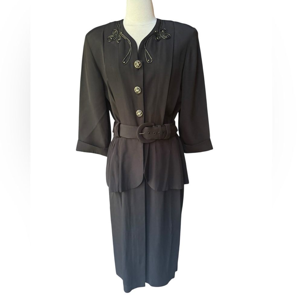 1980s Studio I Embroidered w/Gold Studs Formal‎ Belted Peplum Dress